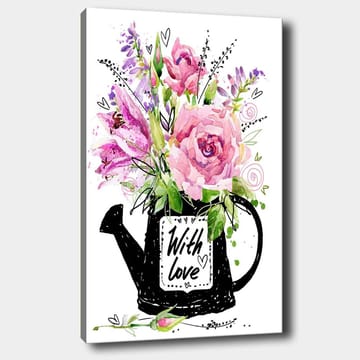Canvastavla 70x100 cm - Vacker bukett blommor i en svart vattenkanna med texten With love - Rosa / Grön / Lila - Inredning - Tavlor & posters - Canvastavla