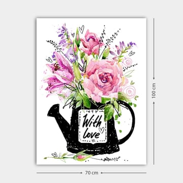 Canvastavla 70x100 cm - Vacker bukett blommor i en svart vattenkanna med texten With love - Rosa / Grön / Lila - Inredning - Tavlor & posters - Canvastavla