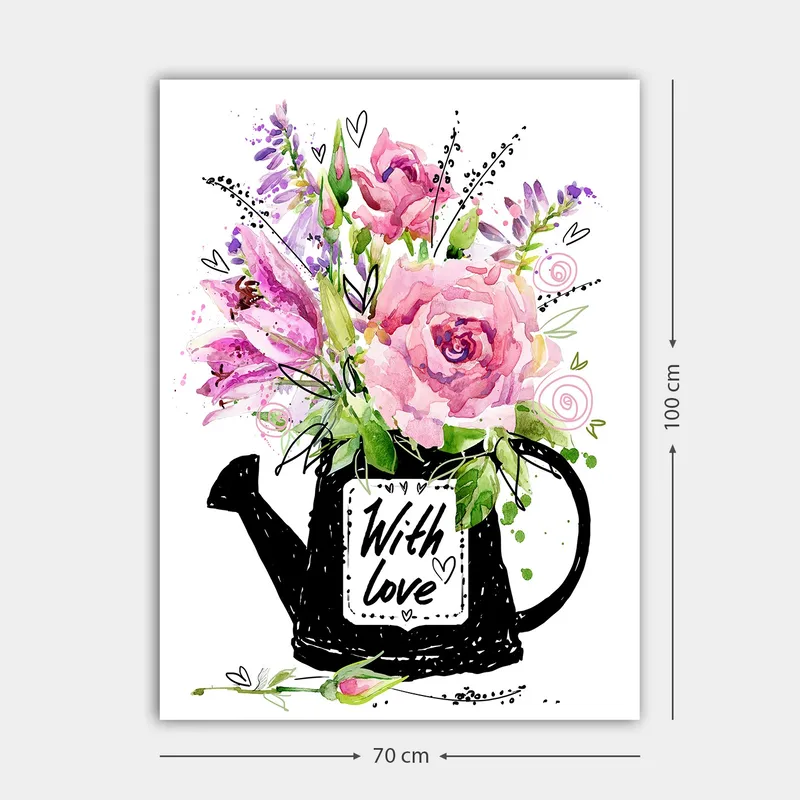 Canvastavla 70x100 cm - Vacker bukett blommor i en svart vattenkanna med texten With love - Rosa / Grön / Lila - Inredning - Tavlor & posters - Canvastavla