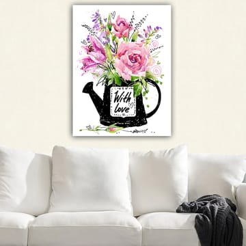 Canvastavla 70x100 cm - Vacker bukett blommor i en svart vattenkanna med texten With love - Rosa / Grön / Lila - Inredning - Tavlor & posters - Canvastavla