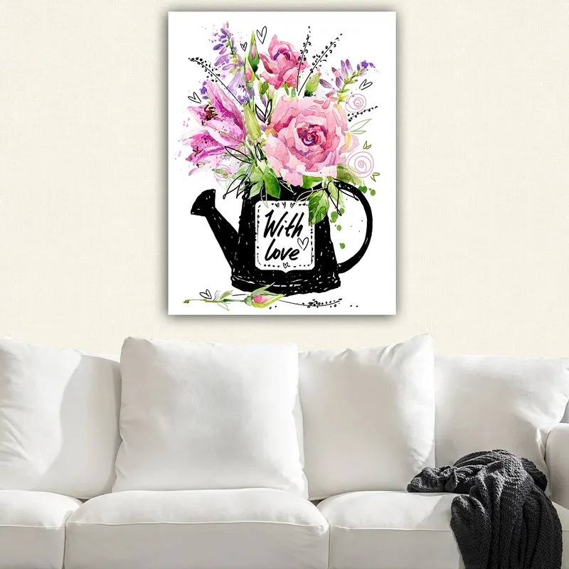Canvastavla 70x100 cm - Vacker bukett blommor i en svart vattenkanna med texten With love - Rosa / Grön / Lila - Inredning - Tavlor & posters - Canvastavla
