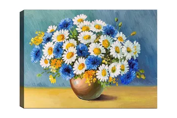 Canvastavla 70x100 cm - Vacker bukett med blå och vita blommor i en brun vas - Blå / Vit / Gul - Inredning - Tavlor & posters - Canvastavla