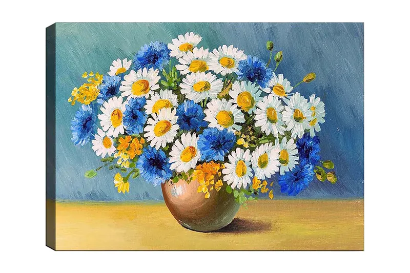 Canvastavla 70x100 cm - Vacker bukett med blå och vita blommor i en brun vas, Blå / Vit / Gul