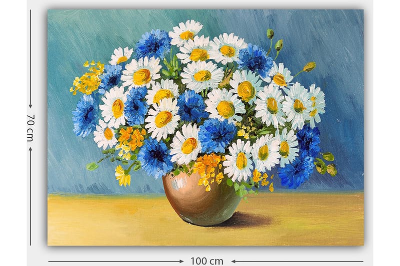 Canvastavla 70x100 cm - Vacker bukett med blå och vita blommor i en brun vas - Blå / Vit / Gul - Inredning - Tavlor & posters - Canvastavla