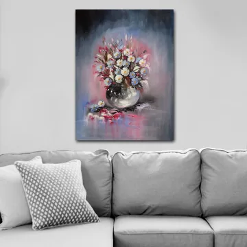 Canvastavla 70x100 cm - Vacker bukett med blommor i en rund vas - Blå / Vit / Svart - Inredning - Tavlor & posters - Canvastavla