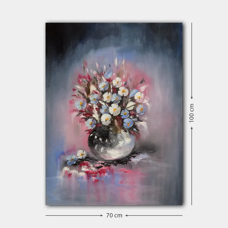 Canvastavla 70x100 cm - Vacker bukett med blommor i en rund vas - Blå / Vit / Svart - Inredning - Tavlor & posters - Canvastavla