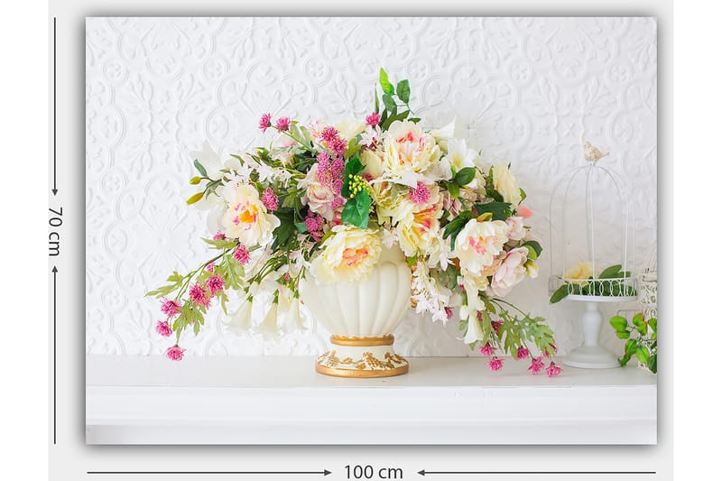 Canvastavla 70x100 cm - Vacker bukett med färgglada blommor i en elegant vas - Rosa / Grön / Krämfärgad - Inredning - Tavlor & posters - Canvastavla