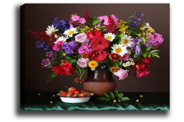 Canvastavla 70x100 cm - Vacker bukett med färgglada blommor i en keramikvas - Röd / Lila / Grön - Inredning - Tavlor & posters - Canvastavla