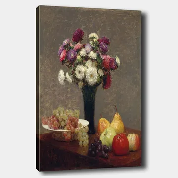 Canvastavla 70x100 cm - Vacker bukett med färgglada blommor i en vas, omgiven av frukter på ett bord - Lila / Grön / Röd - Inredning - Tavlor & posters - Canvastavla