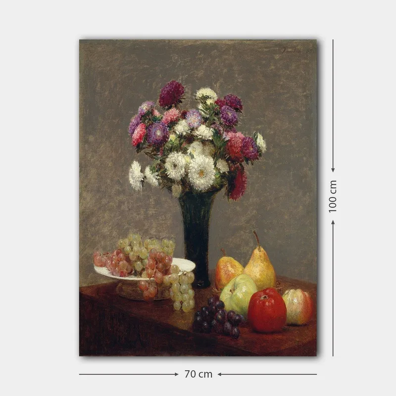 Canvastavla 70x100 cm - Vacker bukett med färgglada blommor i en vas, omgiven av frukter på ett bord - Lila / Grön / Röd - Inredning - Tavlor & posters - Canvastavla