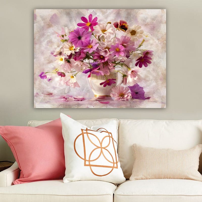 Canvastavla 70x100 cm - Vacker bukett med färgglada blommor i en vas - Rosa / Lila / Vit - Inredning - Tavlor & posters - Canvastavla