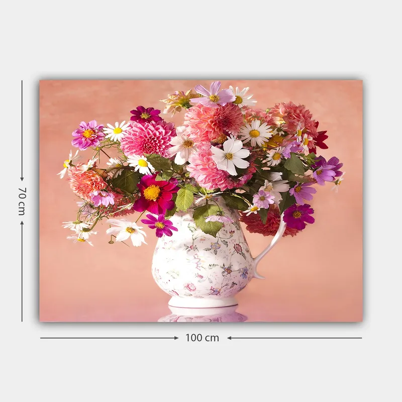 Canvastavla 70x100 cm - Vacker bukett med färgglada blommor i en vit kanna - Rosa / Lila / Grönt - Inredning - Tavlor & posters - Canvastavla