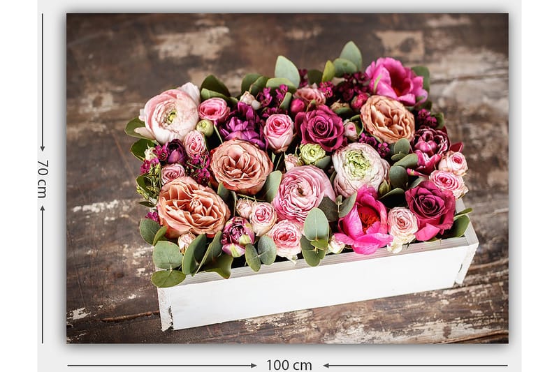 Canvastavla 70x100 cm - Vacker bukett med färgglada blommor i en vit låda - Rosa / Lila / Grön - Inredning - Tavlor & posters - Canvastavla