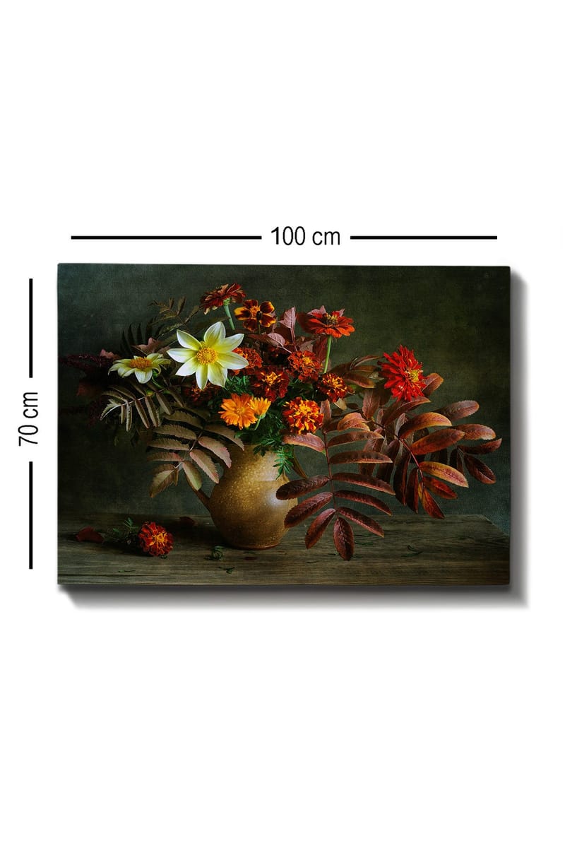 Canvastavla 70x100 cm - Vacker bukett med färgglada blommor och löv i en keramikvas - Vit / Orange / Röd - Inredning - Tavlor & posters - Canvastavla