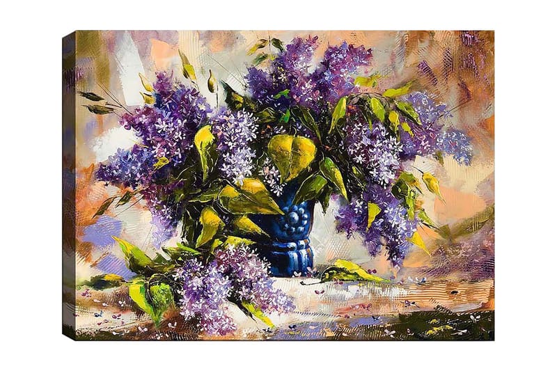 Canvastavla 70x100 cm - Vacker bukett med lila blommor i en blå vas - Lila / Grön / Blå - Inredning - Tavlor & posters - Canvastavla