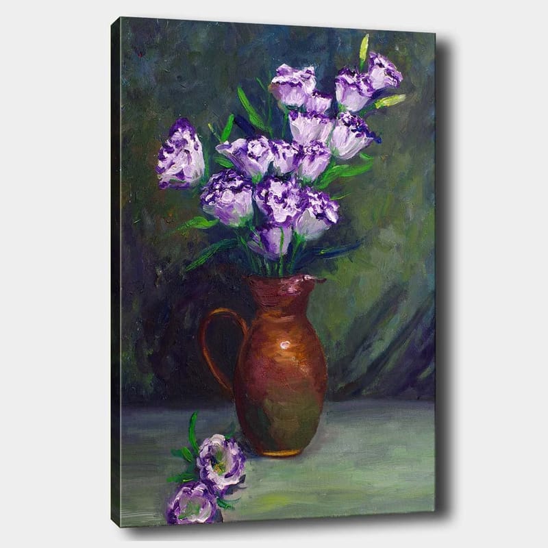Canvastavla 70x100 cm - Vacker bukett med lila blommor i en brun kruka, Lila / Grön / Brun