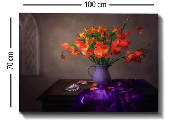 Canvastavla 70x100 cm - Vacker bukett med orange gladiolus i en lila vas - Orange / Lila - Inredning - Tavlor & posters - Canvastavla