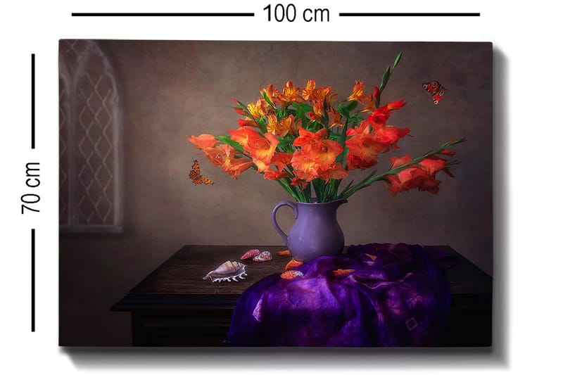 Canvastavla 70x100 cm - Vacker bukett med orange gladiolus i en lila vas - Orange / Lila - Inredning - Tavlor & posters - Canvastavla