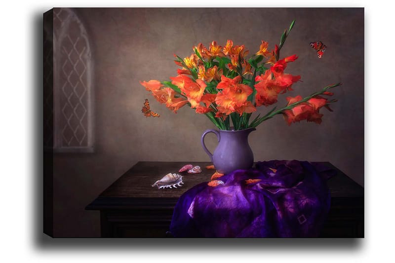 Canvastavla 70x100 cm - Vacker bukett med orange gladiolus i en lila vas - Orange / Lila - Inredning - Tavlor & posters - Canvastavla