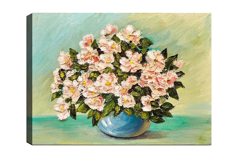 Canvastavla 70x100 cm - Vacker bukett med rosa blommor i en blå vas, Rosa / Grön / Blå