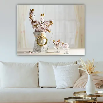 Canvastavla 70x100 cm - Vacker bukett med rosa blommor i en dekorativ kanna - Rosa / Grön / Vit - Inredning - Tavlor & posters - Canvastavla