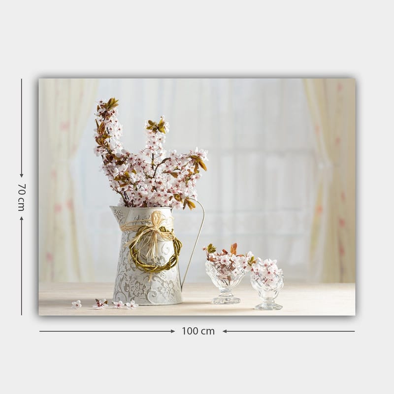 Canvastavla 70x100 cm - Vacker bukett med rosa blommor i en dekorativ kanna - Rosa / Grön / Vit - Inredning - Tavlor & posters - Canvastavla