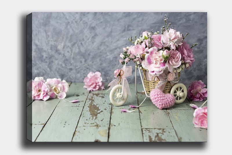 Canvastavla 70x100 cm - Vacker bukett med rosa blommor i en liten cykelkorg, Rosa / Grön / Vit