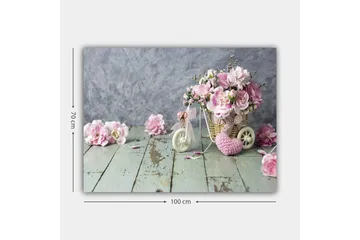 Canvastavla 70x100 cm - Vacker bukett med rosa blommor i en liten cykelkorg - Rosa / Grön / Vit - Inredning - Tavlor & posters - Canvastavla