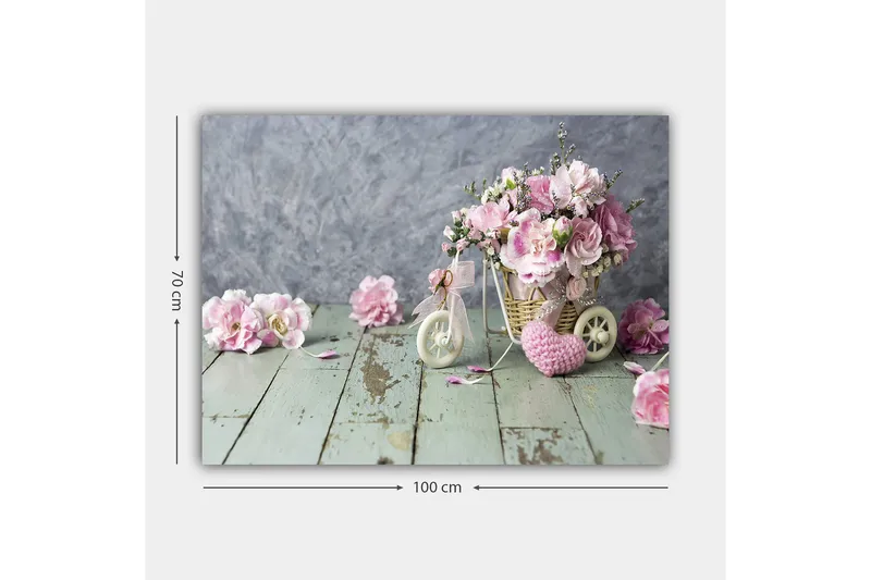 Canvastavla 70x100 cm - Vacker bukett med rosa blommor i en liten cykelkorg - Rosa / Grön / Vit - Inredning - Tavlor & posters - Canvastavla