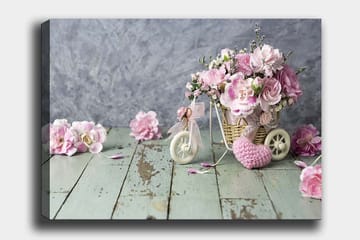 Canvastavla 70x100 cm - Vacker bukett med rosa blommor i en liten cykelkorg - Rosa / Grön / Vit - Inredning - Tavlor & posters - Canvastavla