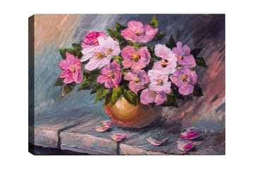 Canvastavla 70x100 cm - Vacker bukett med rosa blommor i en rund vas - Rosa / Grön / Beige - Inredning - Tavlor & posters - Canvastavla