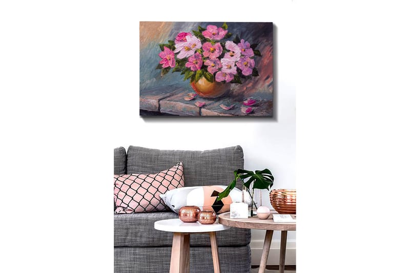 Canvastavla 70x100 cm - Vacker bukett med rosa blommor i en rund vas - Rosa / Grön / Beige - Inredning - Tavlor & posters - Canvastavla