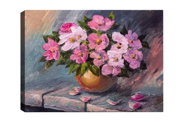 Canvastavla 70x100 cm - Vacker bukett med rosa blommor i en rund vas - Rosa / Grön / Beige - Inredning - Tavlor & posters - Canvastavla