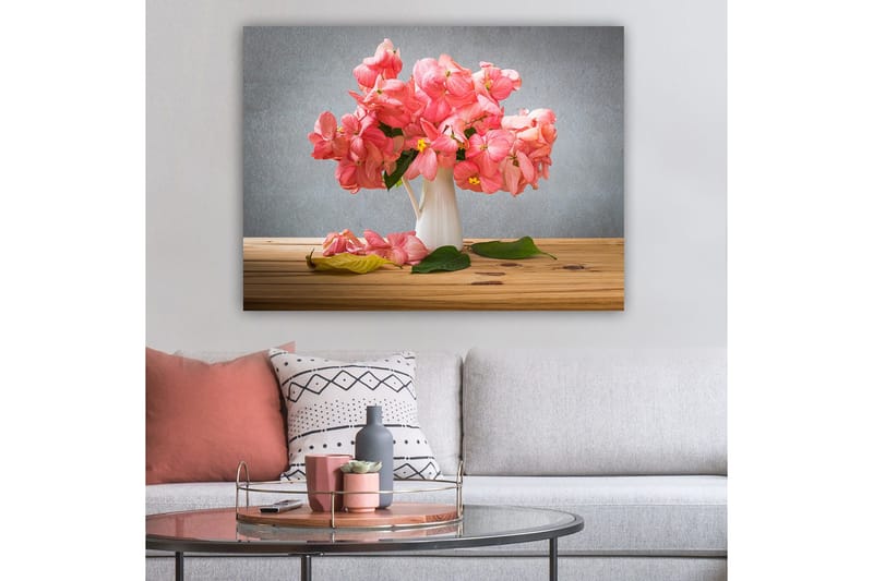 Canvastavla 70x100 cm - Vacker bukett med rosa blommor i en vit vas - Rosa / Grön / Gul - Inredning - Tavlor & posters - Canvastavla