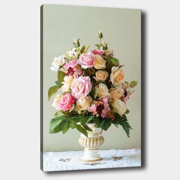 Canvastavla 70x100 cm - Vacker bukett med rosa och gula rosor i en dekorativ vas - Rosa / Gul / Grön - Inredning - Tavlor & posters - Canvastavla