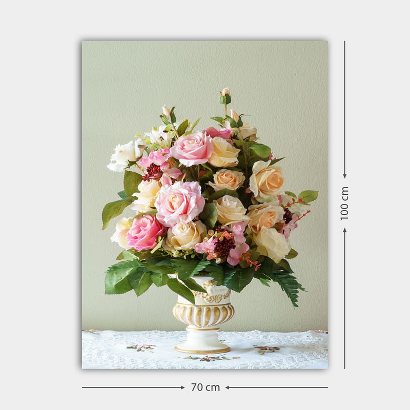 Canvastavla 70x100 cm - Vacker bukett med rosa och gula rosor i en dekorativ vas - Rosa / Gul / Grön - Inredning - Tavlor & posters - Canvastavla