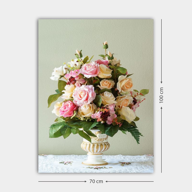 Canvastavla 70x100 cm - Vacker bukett med rosa och gula rosor i en dekorativ vas - Rosa / Gul / Grön - Inredning - Tavlor & posters - Canvastavla