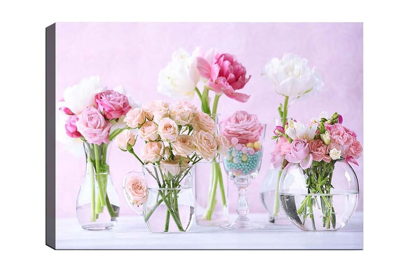 Canvastavla 70x100 cm - Vacker bukett med rosa och vita blommor i olika glasvaser, Rosa / Vit / Grön
