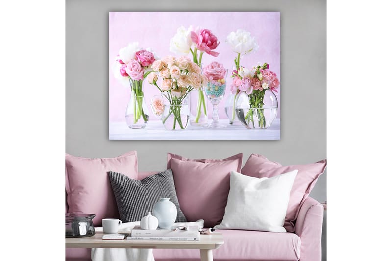Canvastavla 70x100 cm - Vacker bukett med rosa och vita blommor i olika glasvaser - Rosa / Vit / Grön - Inredning - Tavlor & posters - Canvastavla