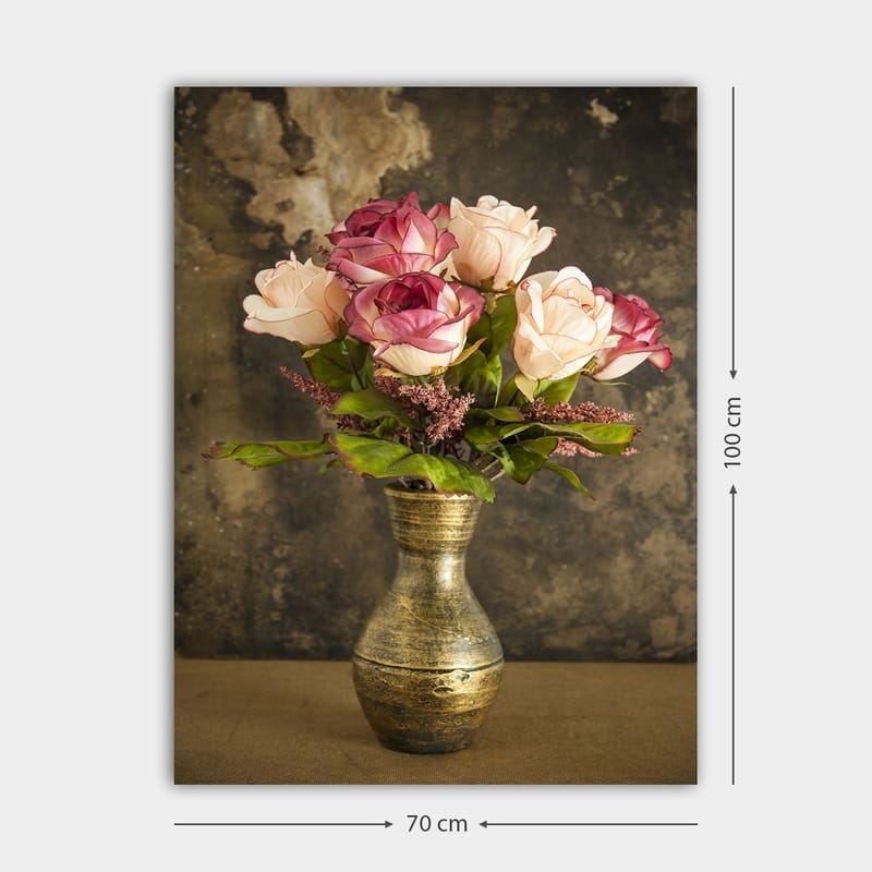 Canvastavla 70x100 cm - Vacker bukett med rosor i en dekorativ vas - Rosa / Grön / Guld - Inredning - Tavlor & posters - Canvastavla