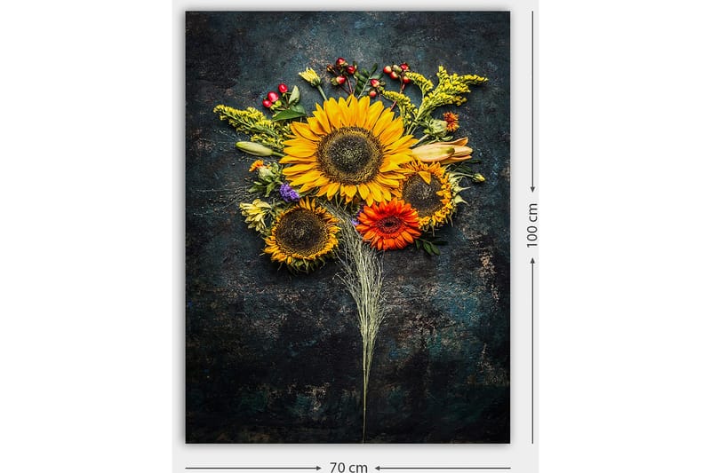 Canvastavla 70x100 cm - Vacker bukett med solrosor och färgglada blommor - Gul / Orange / Grön - Inredning - Tavlor & posters - Canvastavla
