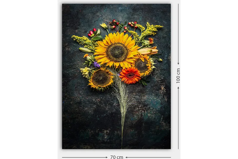 Canvastavla 70x100 cm - Vacker bukett med solrosor och färgglada blommor - Gul / Orange / Grön - Inredning - Tavlor & posters - Canvastavla