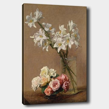 Canvastavla 70x100 cm - Vacker bukett med vita liljor och rosor i olika nyanser i en glasvas - Vitt / Rosa / Grönt - Inredning - Tavlor & posters - Canvastavla