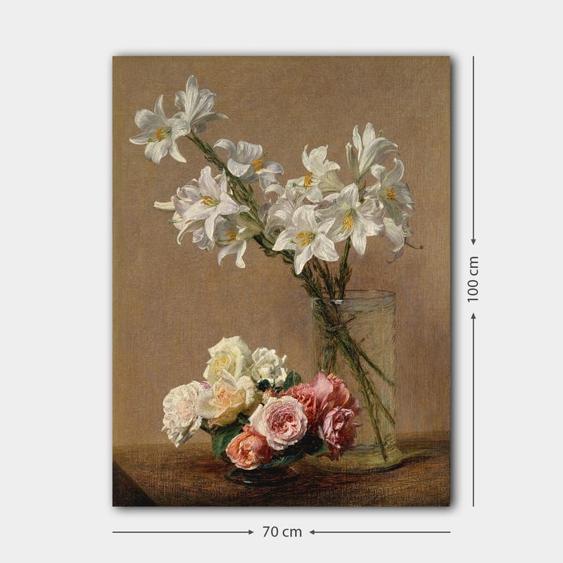 Canvastavla 70x100 cm - Vacker bukett med vita liljor och rosor i olika nyanser i en glasvas - Vitt / Rosa / Grönt - Inredning - Tavlor & posters - Canvastavla