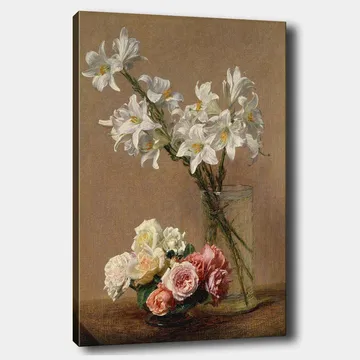 Canvastavla 70x100 cm - Vacker bukett med vita liljor och rosor i olika nyanser i en glasvas - Vitt / Rosa / Grönt - Inredning - Tavlor & posters - Canvastavla