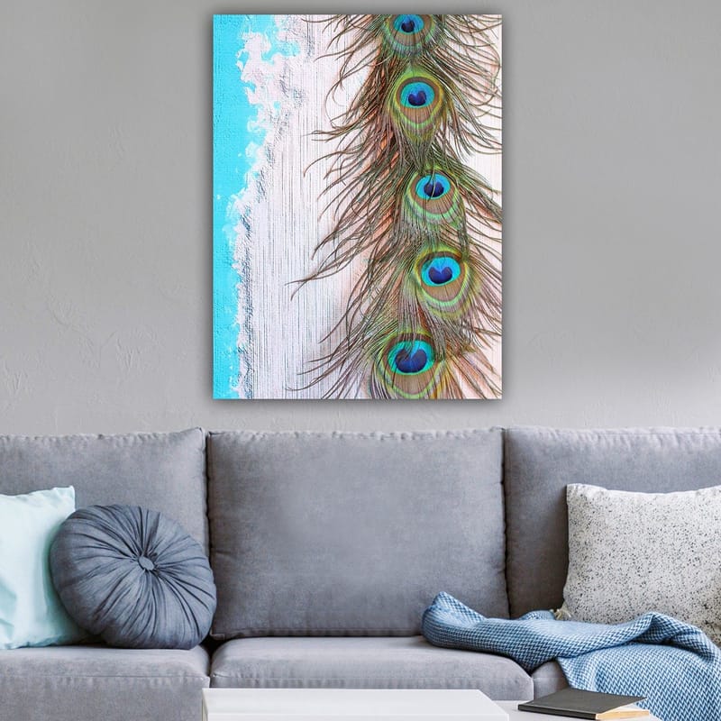 Canvastavla 70x100 cm - Vacker fjäder från en påfågel med intensiva färger och detaljer - Grön / Blå / Brun - Inredning - Tavlor & posters - Canvastavla
