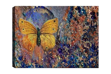 Canvastavla 70x100 cm - Vacker fjäril i gult som svävar över en abstrakt bakgrund med färgglada detaljer - Gult / Blått / Brunt - Inredning - Tavlor & posters - Canvastavla