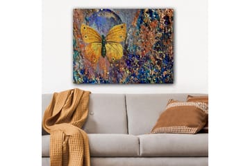 Canvastavla 70x100 cm - Vacker fjäril i gult som svävar över en abstrakt bakgrund med färgglada detaljer - Gult / Blått / Brunt - Inredning - Tavlor & posters - Canvastavla
