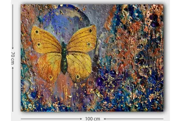 Canvastavla 70x100 cm - Vacker fjäril i gult som svävar över en abstrakt bakgrund med färgglada detaljer - Gult / Blått / Brunt - Inredning - Tavlor & posters - Canvastavla