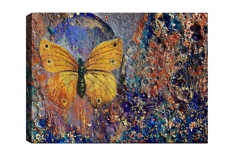 Canvastavla 70x100 cm - Vacker fjäril i gult som svävar över en abstrakt bakgrund med färgglada detaljer, Gult / Blått / Brunt